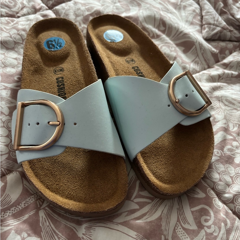 Women's White and Tan Sandals with Gold Buckle